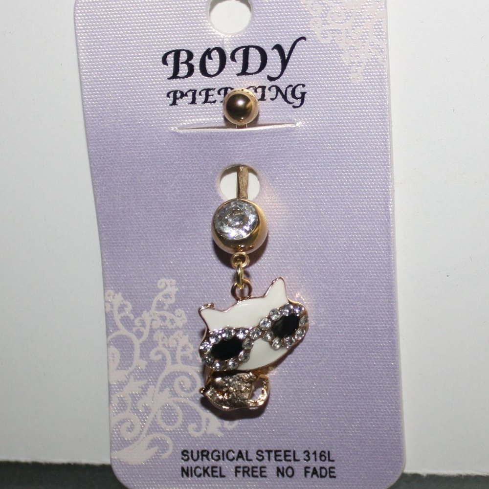 Cool Cat With Sunglasses Belly Ring Surgical Steel